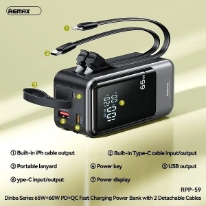REMAX RPP-59 Fast Charging Power Bank with 2 Detachable Cables 20000mAh - Img 2