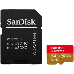 SANDISK Extreme microSDXC 64GB + SD Adapter + 1 year RescuePRO Deluxe up to 170MB/s & 80MB/s Read/Write speeds A2 C10 V30 UHS-I U3 SDSQXAH-064G-GN6MA