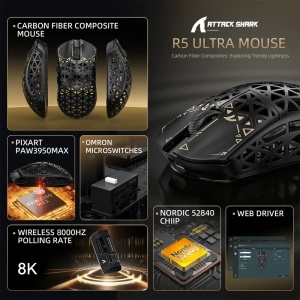 Bežični gaming miš Attack Shark R5Ultra PAW3950MAX/Carbon Fiber/Superlight/8KHz/Omron Switches/Black - Img 2