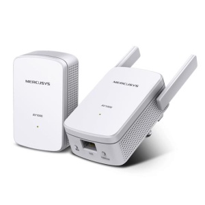 Mercusys MP510 KIT AV1000 Gigabit Powerline N300 Wi-Fi KIT (1× MP510 + 1× MP500) 300 Mbps at 2.4 GHz, 1000 Mbps Powerline,Broadcom CPU, 1× Gigabit Port, 2× Fixed External Antennas, Wall Plugged, HomePlug AV2,Plug and Play, One-Touch Wi-Fi Config. MP510KIT