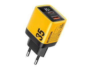 WEKOME WP-U25 Super brzi Strujni GaN Punjač, 2-porta USB (3.0 i 3.1 Tip-C) 35W, sa displejom, žuti - Img 1