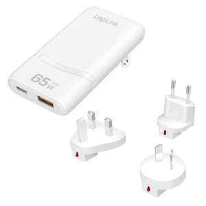 Logilink putni punjač sa dva USB GaN porta, tri adaptera EU / UK / AU, 65 W, slim