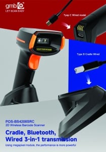 POS-BS4208SRC GMB 2d/OCR CMOS barcode scanner with CRADLE, barkod skener 2000mAh, 1MP, BT/WiFi - Img 1