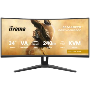 34" UW VA-panel, Curved Gaming 1500R,G-Master Gold Phoenix, 3440x1440-240Hz (21:9),0,4ms (MPRT),500cdm HDR400,FreeSync Premium,Speakers,2xHDMI (2.1) VRR/ALLM,2xDisplayPort, USB-C DOCK (LAN/KVM/95W PD),USB 2x3,2+1xC, PIP/PBP,13cm Height Adj. Stand GCB3486W