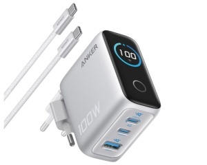 ANKER 100W GaN zidni brzi punjač, 3-porta (2x USB-C i 1x USB-A) sa USB-C M/M pletenim kablom, srebrni - Img 2