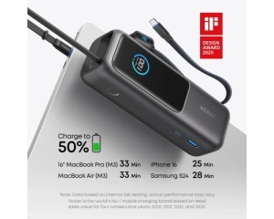 ANKER 25000mAh, 165W, sa ugrađenim USB-C kablom na izvlačenje, Power Bank za laptop crni - Img 2