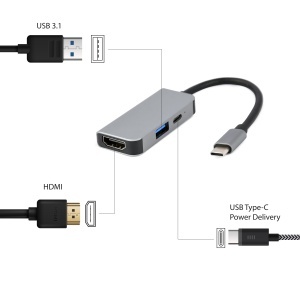 Gembird USB Type-C 3-in-1 multi-port adapter (USB port + HDMI + PD), silver A-CM-COMBO3-02