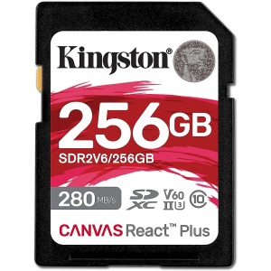Kingston SD Card 256GB, Canvas React Plus V60 Professional, SDXC Class10 UHS-II U3 V60, Up to 280MB/s read and 150MB/s write, for Full HD/2K/4K video recording SDR2V6/256GB *