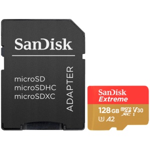 SANDISK Extreme microSDXC 128GB + SD Adapter + 1 year RescuePRO Deluxe up to 190MB/s & 90MB/s Read/Write speeds A2 C10 V30 UHS-I U3 SDSQXAA-128G-GN6MA