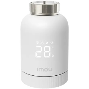 IMOU Smart Radiator Thermostat, temp. range 5 to 35 C, temp. setting accuracy 0.5 C, operation temp. range 0 to 55 C, shipping and storage temp. -10 to 60 C, communication mode Zigbee, wireless transmit 100 m, Imou App iOS/Android, 2 AA battery IOT-TRV1-E