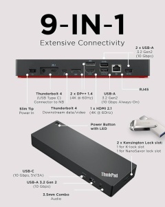 Lenovo Think ThinkPad Universal Thunderbolt 4 Dock - EU - 1x Thunderbolt, 2x DisplayPort, 1x HDMI, 4x USB 3.1 Gen 2 (1 always-on), 1x USB-C 3.2 Gen 2, 1 x Combo Audio Jack, 1 x Gigabit Ethernet, 135W AC adapter 40B00135EU-D *