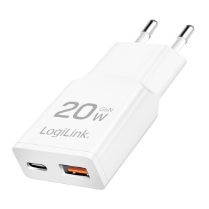 Logilink punjač 2 porta, 1 x USB type c, 1 x USB A, 20W, GaN, slim, bela