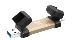 Silicon Power Portable Stick-Type SSD 1TB, DS72, USB 3.2 Gen 2 Type-C/Type-A, Read up to 1050MB/s, Write up to 850MB/s, Gold SP001TBUC3S72VPG