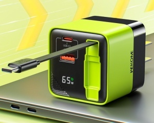 WEKOME WP-U39 Superbrzi Strujni GaN punjač, 2-porta USB (3.0 i 3.1 tip C) 65W sa displlejom i USB 3.1 tip C kablom 0.8m, žuti - Img 2