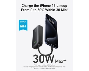 ANKER Nano 10000mAh, 30W, sa ugrađenim USB-C kablom, Power Bank crni
