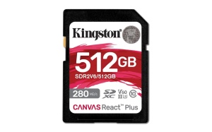 Kingston SD Card 512GB, Canvas React Plus V60 Professional, SDXC Class10 UHS-II U3 V60, Up to 280MB/s read and 150MB/s write, for Full HD/2K/4K video recording SDR2V6/512GB *