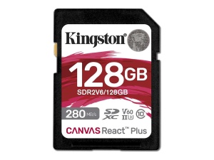Kingston SD Card 128GB, Canvas React Plus V60 Professional, SDXC Class10 UHS-II U3 V60, Up to 280MB/s read and 100MB/s write, for Full HD/2K/4K video recording SDR2V6/128GB