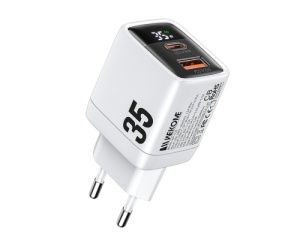 WEKOME WP-U25 Super brzi Strujni GaN Punjač, 2-porta USB (3.0 i 3.1 Tip-C) 35W, sa displejom, beli