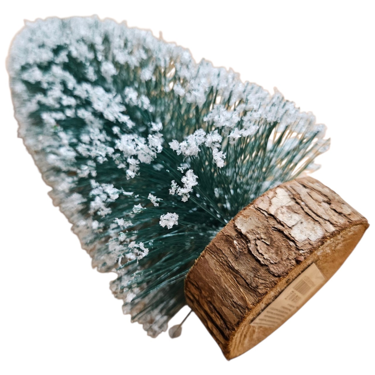 Bax 10x Brad Artificial cu Zăpadă – 30 cm, cu Suport din Buturugă de Lemn
