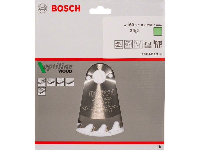 BOSCH Lamă de ferăstrău pentru lemn 160 x 20/16 x 1,8 mm / 24T Optiline Wood ATB - 1 | YEO