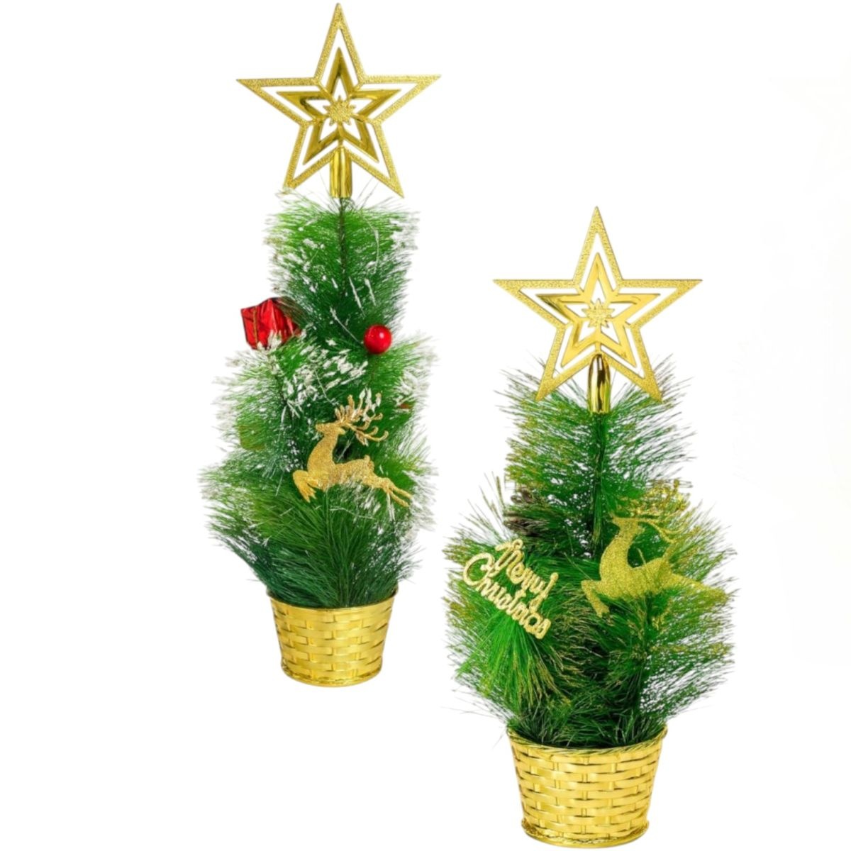 Brad Decorativ Crăciun 35 cm în Ghiveci Auriu – Diferite Modele cu Ornamente