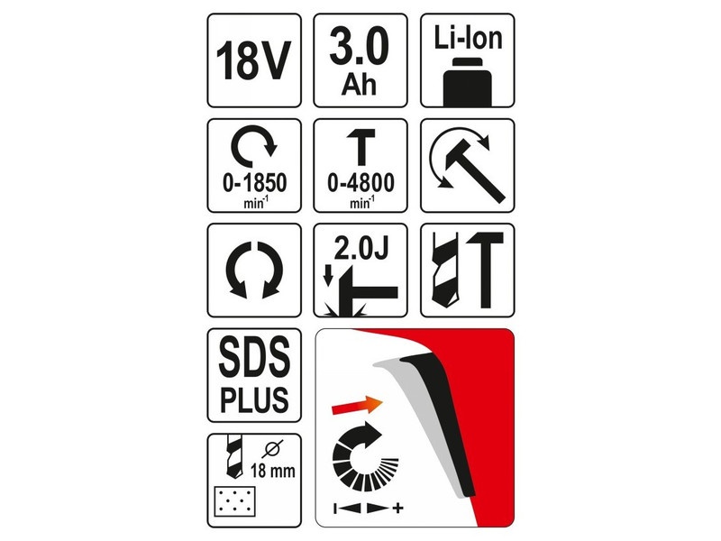 Ciocan combinat fără fir YATO SDS-Plus 2.0 J 18 V Li-Ion (1 x acumulator 3.0 Ah + încărcător)