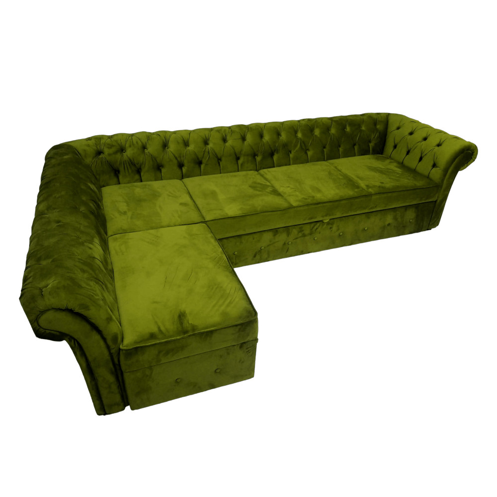 Colțar Extensibil Chesterfield, 300x195x75cm, 6 locuri, Velutto 9 Olive , în formă de 