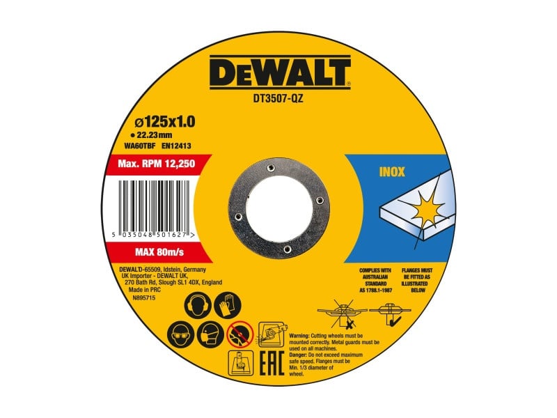 DEWALT Disc de tăiere pentru metal 125 x 1,0 x 22,2 mm inox WA60TBF în cutie metalică (10 buc)