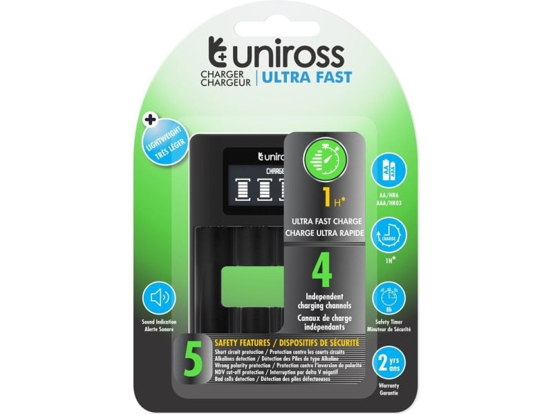 Încărcător rapid cu procesor UNIROSS LCD cu protecție AA/AAA