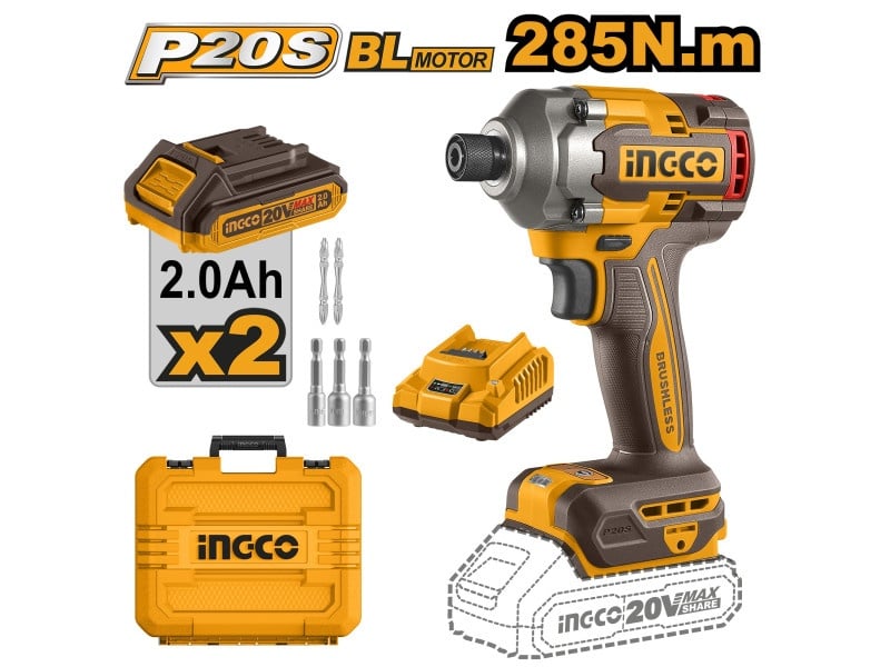 INGCO cheie cu impact fără fir 1/4" 285 Nm fără perie de carbon 20 V (2 baterii de 2,0 Ah + încărcător)