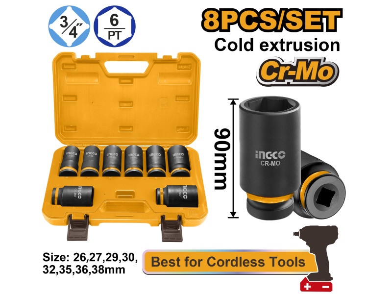 INGCO Set de prize lungi pentru mașini 8 piese 3/4" 26-38 mm CrMo