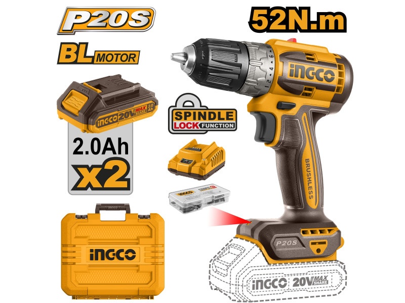 Mașină de găurit și înșurubat fără fir INGCO 52 Nm fără perie de carbon 20 V (2 baterii de 2,0 Ah + încărcător)