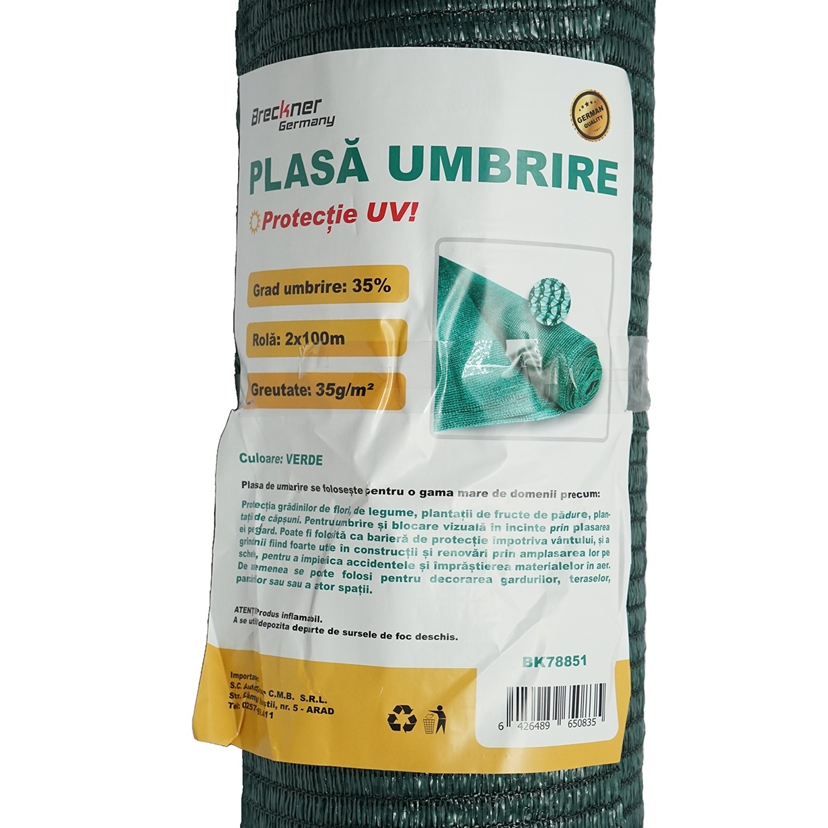 Plasa umbrire 35% latime 2M si lungime 100M verde din polietilena cu protectie UV, Cod: BK78851, Brand: BRECKNER GERMANY