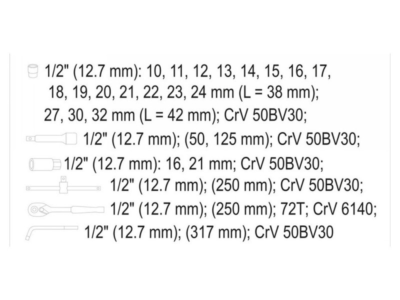 Set de prize YATO 25 piese 1/2" 10-32 mm CrV