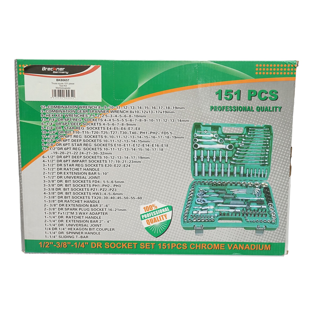 Trusa chei tubulare hexagonale, tubulare lungi, inelare cu clichet, biti, imbus 151 piese , Cod: BK80657, Brand: BRECKNER GERMANY - 1 | YEO
