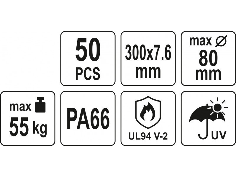 YATO Legături de cablu albe 300 x 7,6 mm (50 buc)