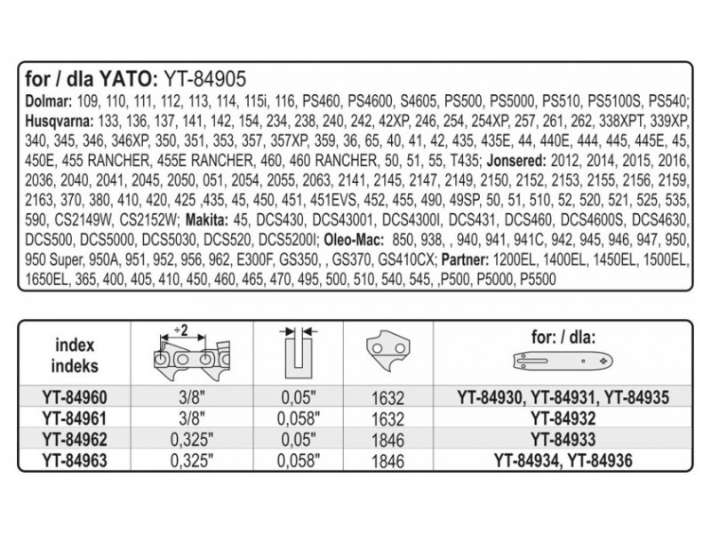 YATO Rola lanț ferăstrău cu lanț 0,325" 1,3 mm 1846 sts