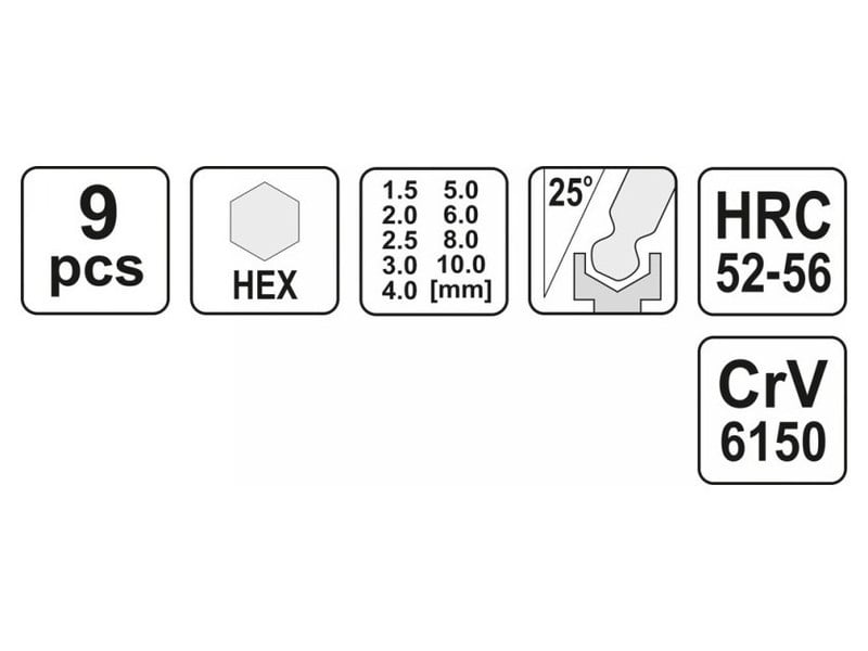 YATO Set de chei Allen cu cap sferic 9 piese 1,5-10 mm CrV