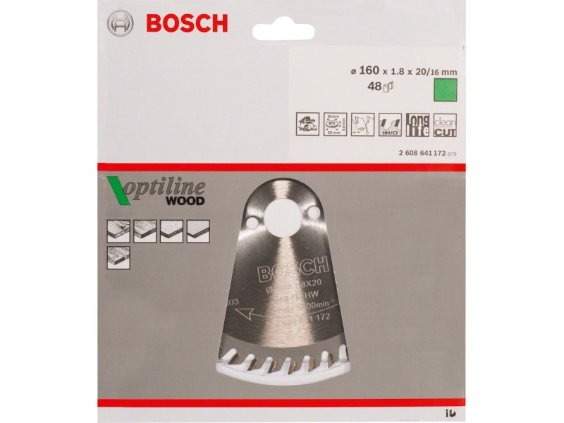 BOSCH Lamă de ferăstrău pentru lemn 160 x 20/16 x 1,8 mm / 48T Optiline Wood ATB - 1 | YEO