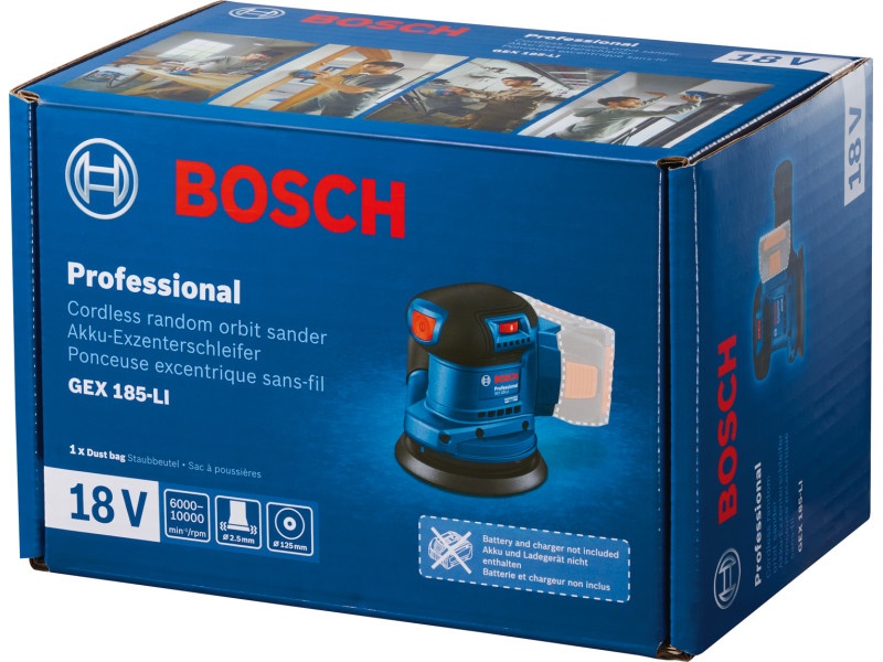 BOSCH polizor excenter fără fir 125 mm GEX 185-LI în cutie de carton (fără baterie și încărcător) - 2 | YEO