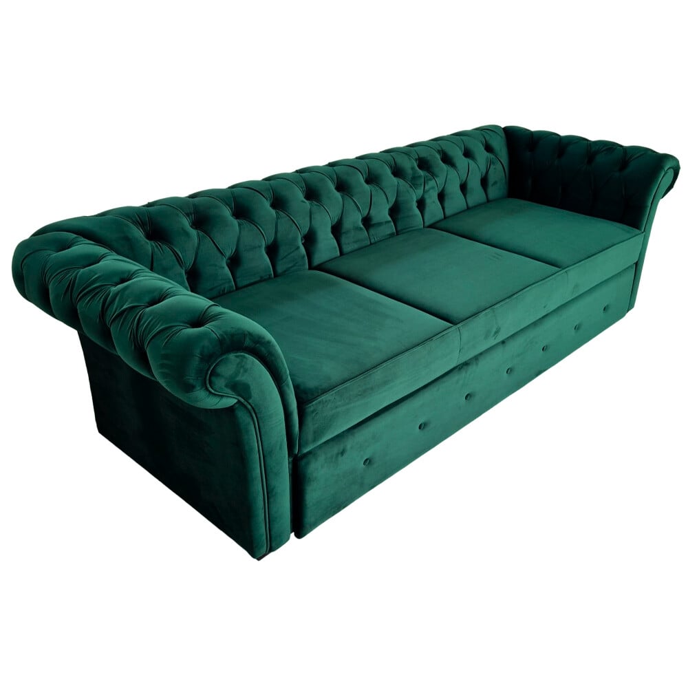 Canapea Extensibila Chesterfield, 250x100x75cm, 3 locuri, Velutto 27 Jungle Green, Glasspandoor