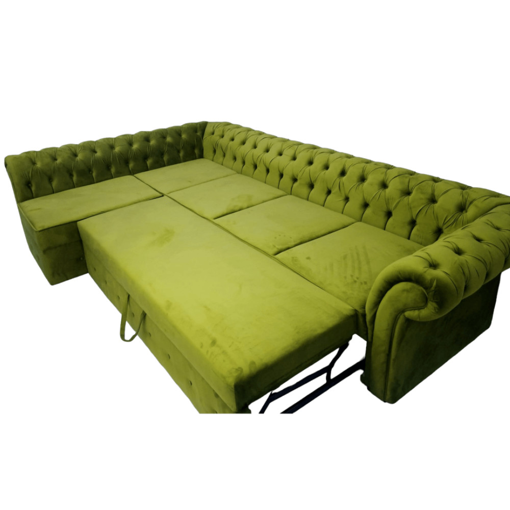 Colțar Extensibil Chesterfield, 300x195x75cm, 6 locuri, Velutto 9 Olive , în formă de 