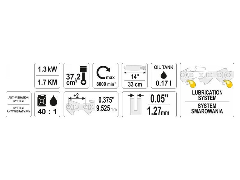 Ferăstrău cu lanț pe benzină YATO 37,2 cm3 0,17 l