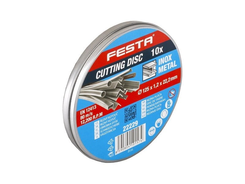 FESTA Disc de tăiere pentru metal în cutie metalică 115 x 1 x 22,2 mm (10 buc)