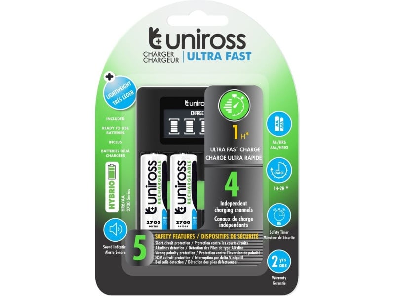 Încărcător rapid procesor UNIROSS + 4 baterii AA/ceruza 1.2 V 2700 mAh