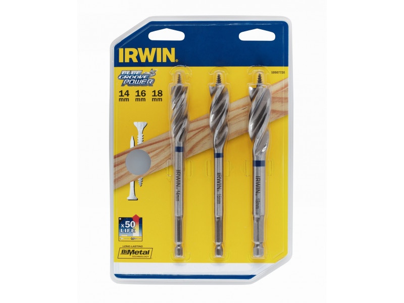 IRWIN Set de burghie pentru lemn 3 piese 230 mm suport de burghie Blue Groove Power (14-16-18 mm)