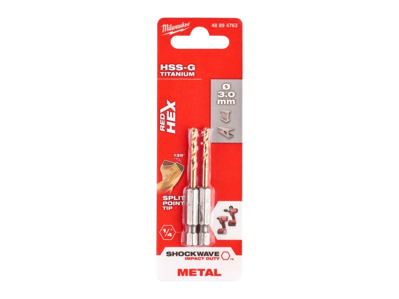 MILWAUKEE Burghie 3,0 x 65/23 mm HSS-G TiN, Red HEX - Shockwave™ (2 buc) - 1 | YEO