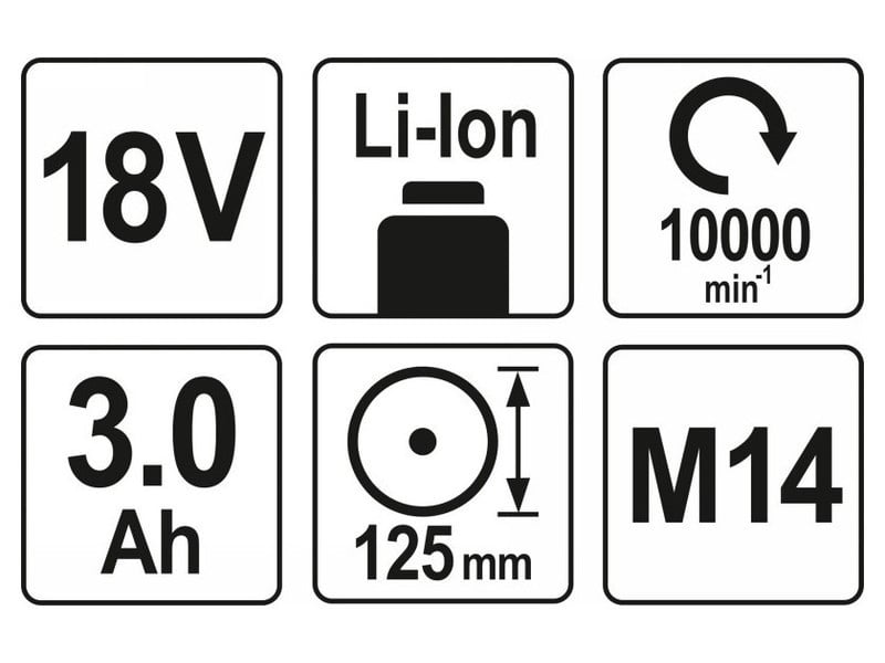 Polizor unghiular fără fir YATO 125 mm 18 V Li-Ion (2 baterii 3.0 Ah + încărcător)