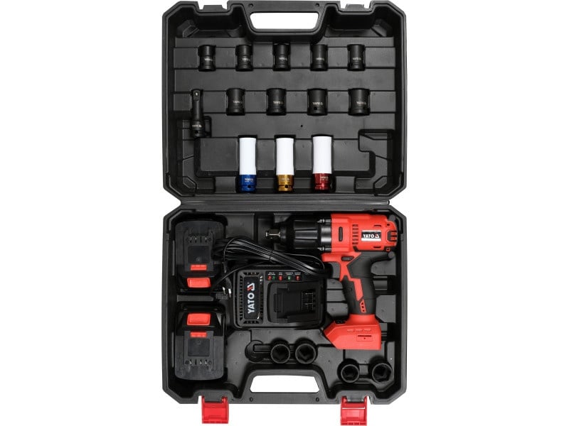 Set de chei cu impact fără fir YATO 21 piese 1/2" 700 Nm 18 V Li-Ion (2 baterii 3.0 Ah și încărcător)