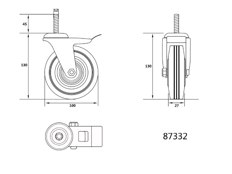 VOREL Roată industrială cu frână pivotantă 100 mm 60 kg - 1 | YEO